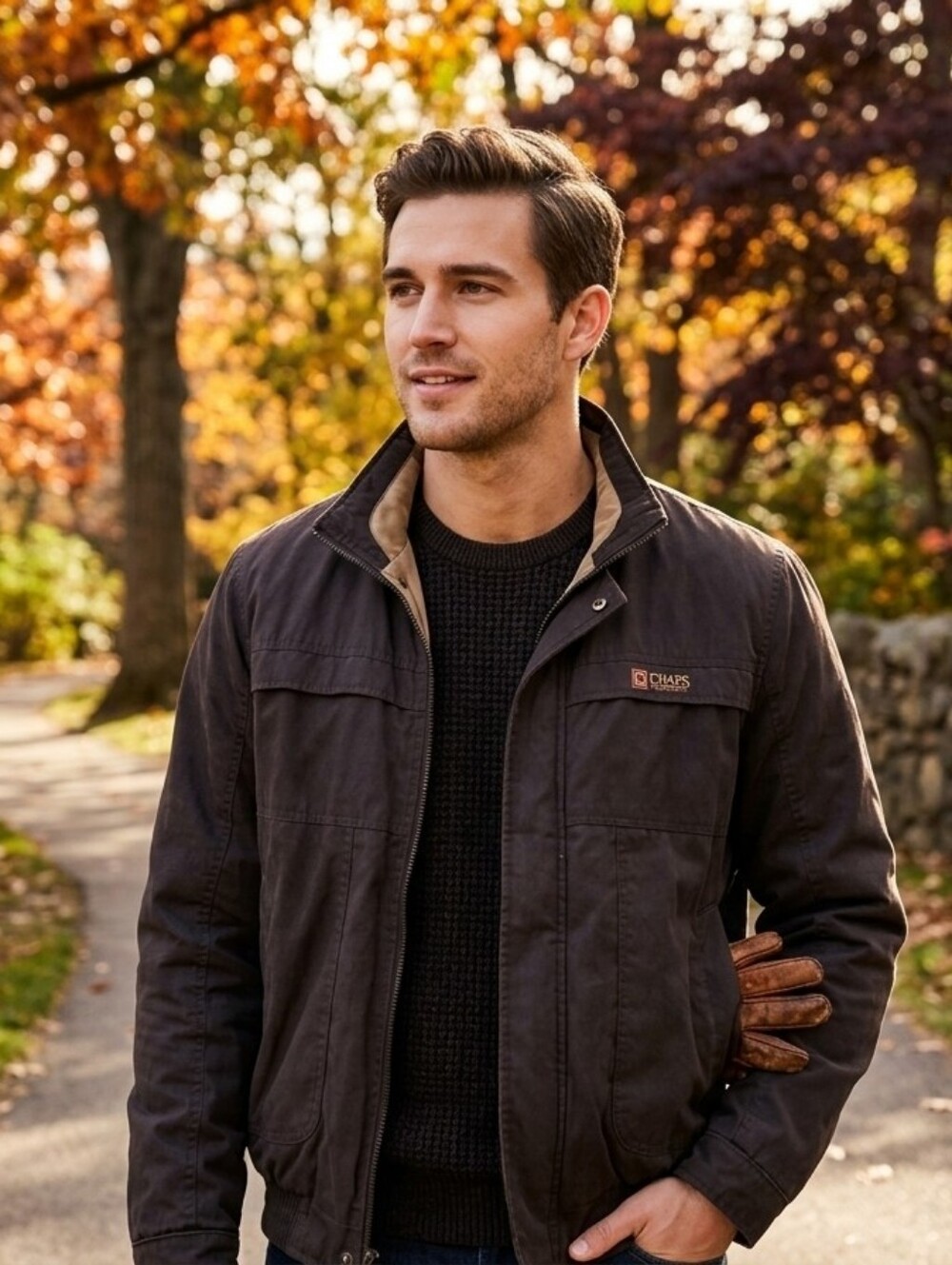 Chaps Men's Dark Brown Field Jacket with Tan Trim-Large
